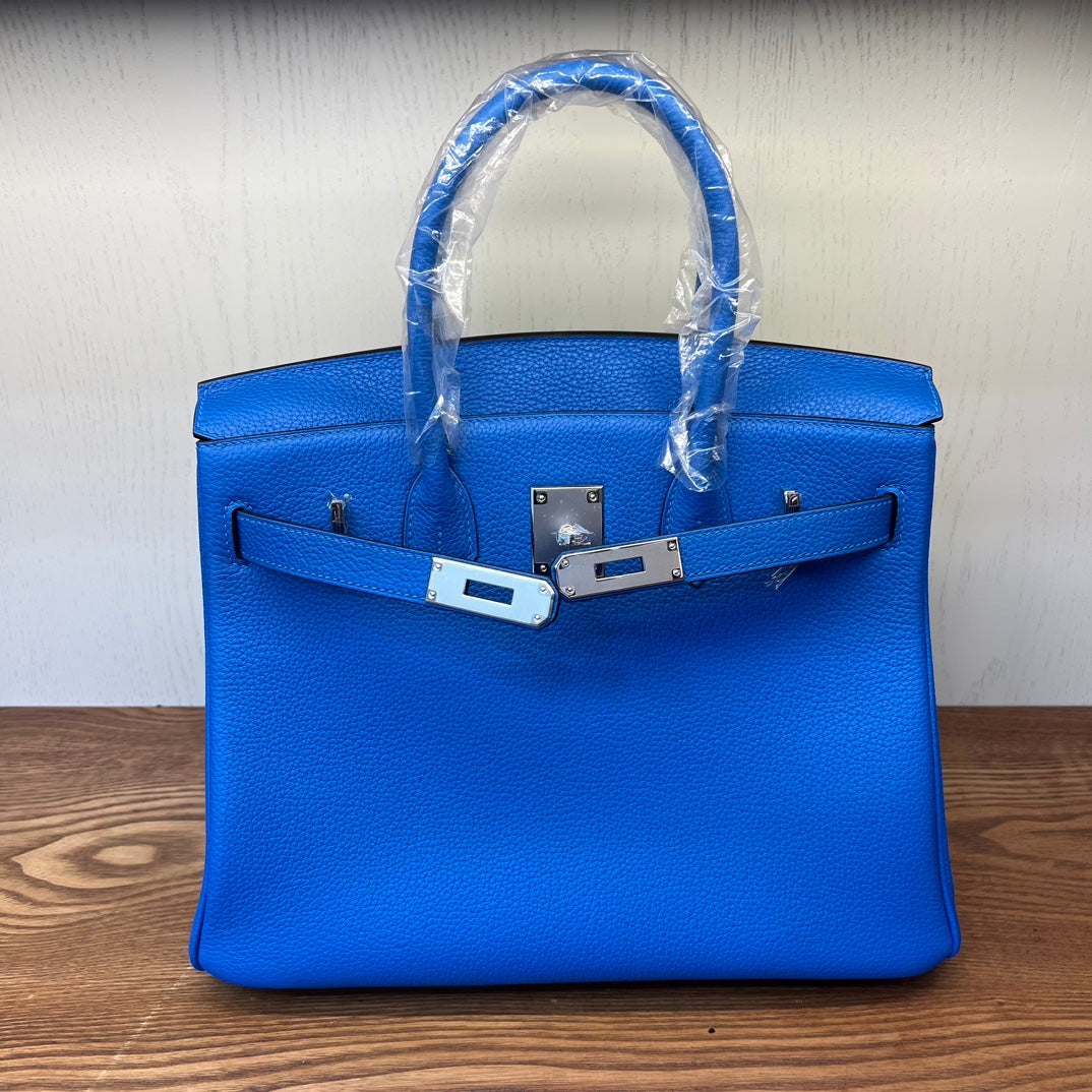 Electric Blue Leather Birkin Style Handbag - Elegant Top-Handle Tote with Silver Hardware