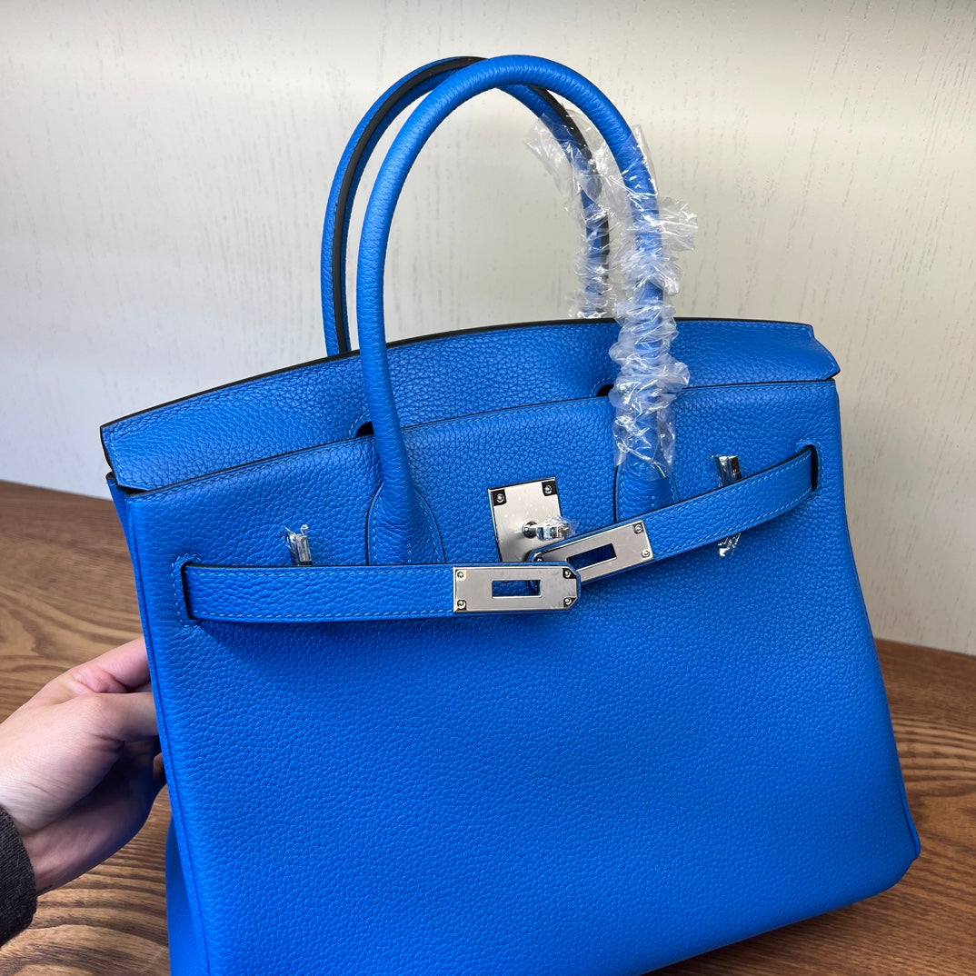 Electric Blue Leather Birkin Style Handbag - Elegant Top-Handle Tote with Silver Hardware