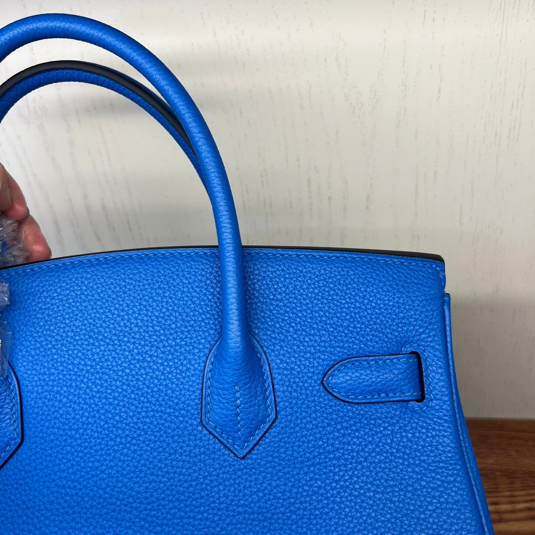 Electric Blue Leather Birkin Style Handbag - Elegant Top-Handle Tote with Silver Hardware