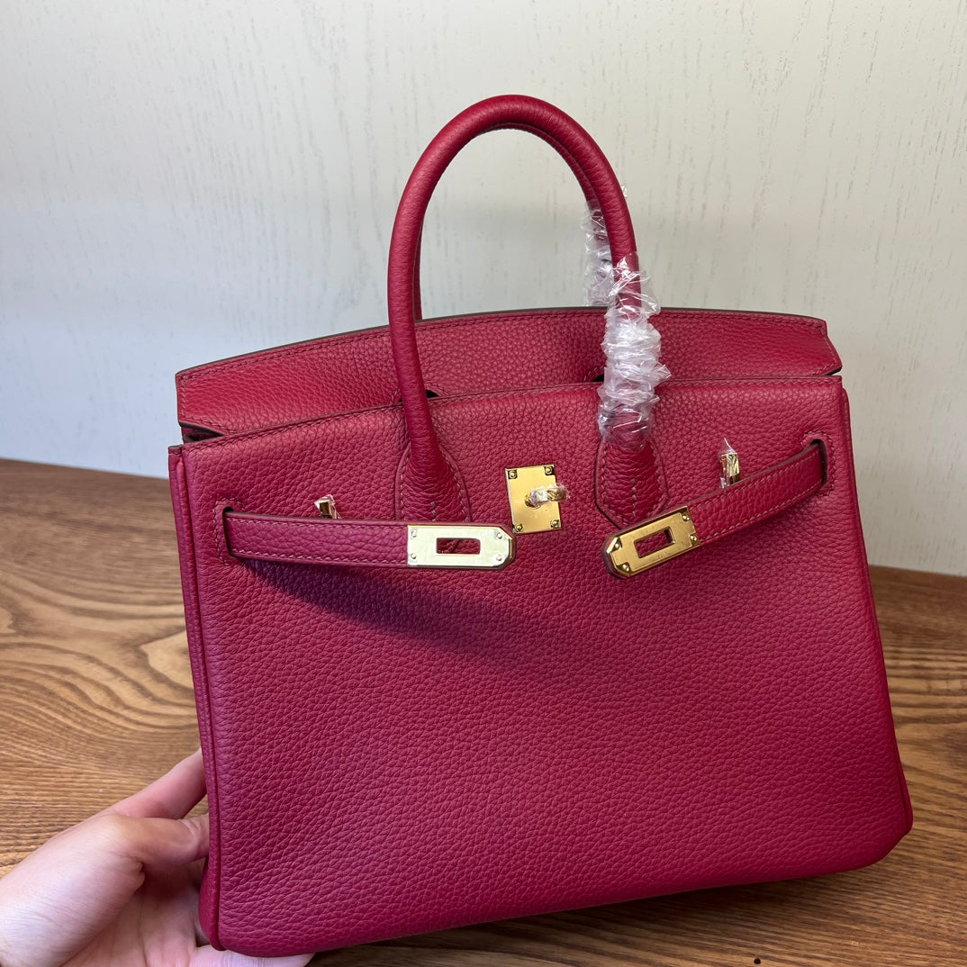 Premium Red Grained Leather Handbag - Elegant Top-Handle Tote for Women