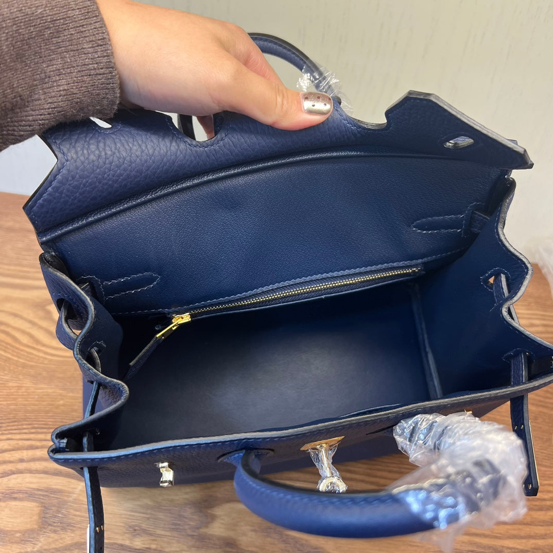 Classic Navy Blue Grained Leather Handbag with Gold-Tone Hardware - Structured Top Handle Tote