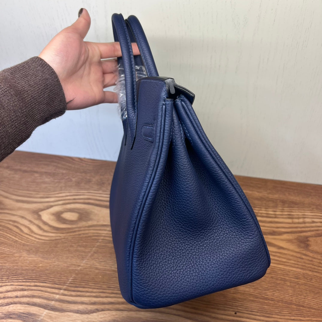 Classic Navy Blue Grained Leather Handbag with Gold-Tone Hardware - Structured Top Handle Tote