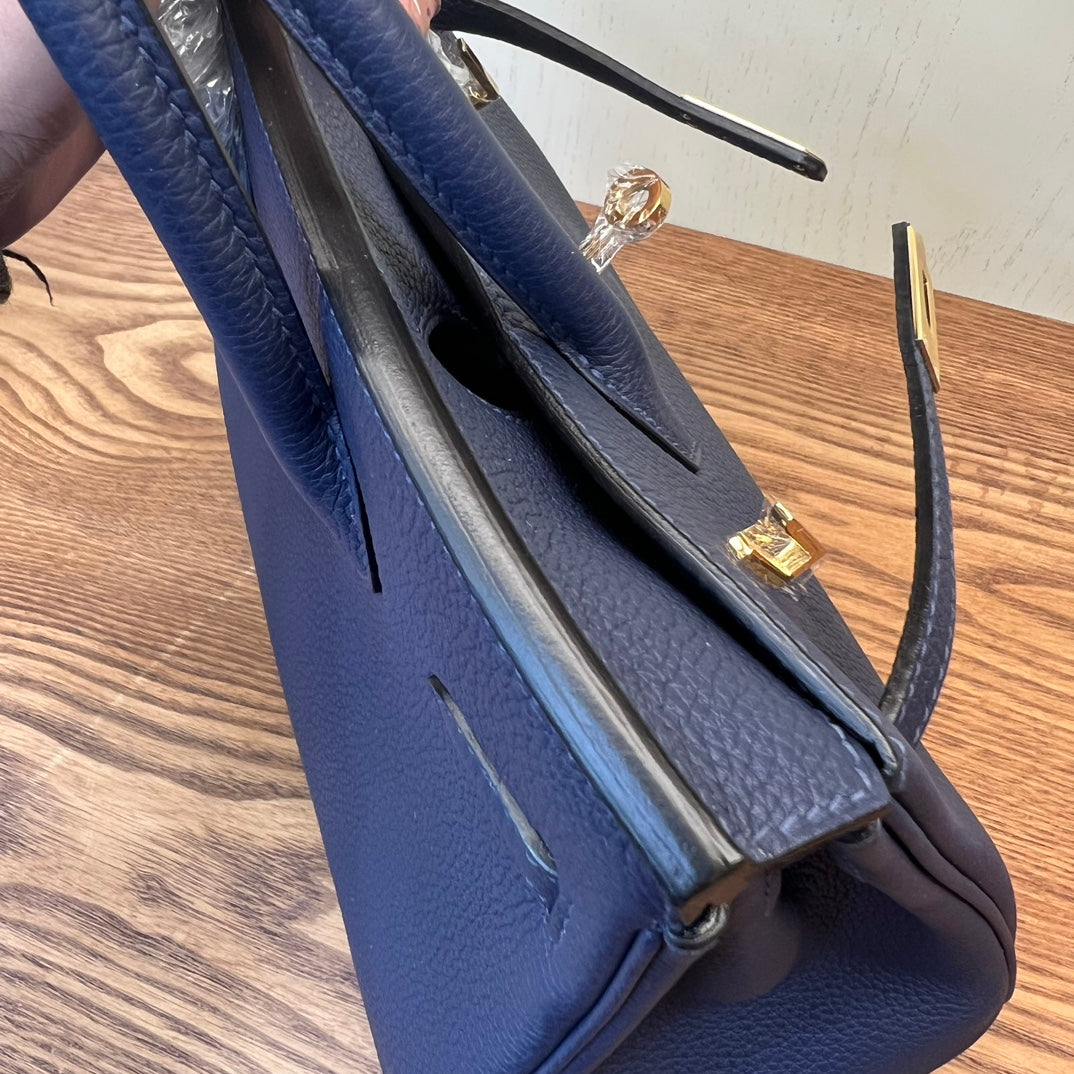 Classic Navy Blue Grained Leather Handbag with Gold-Tone Hardware - Structured Top Handle Tote