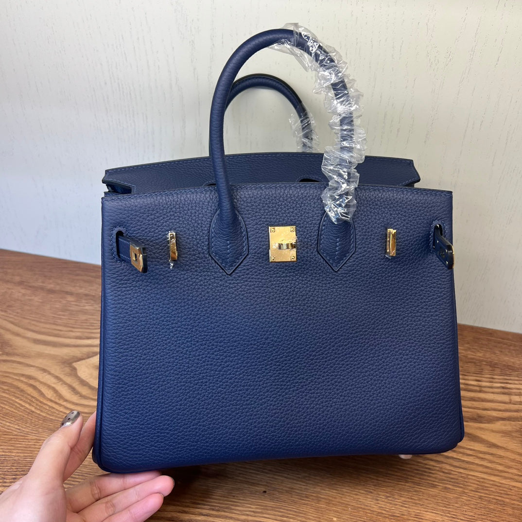 Classic Navy Blue Grained Leather Handbag with Gold-Tone Hardware - Structured Top Handle Tote