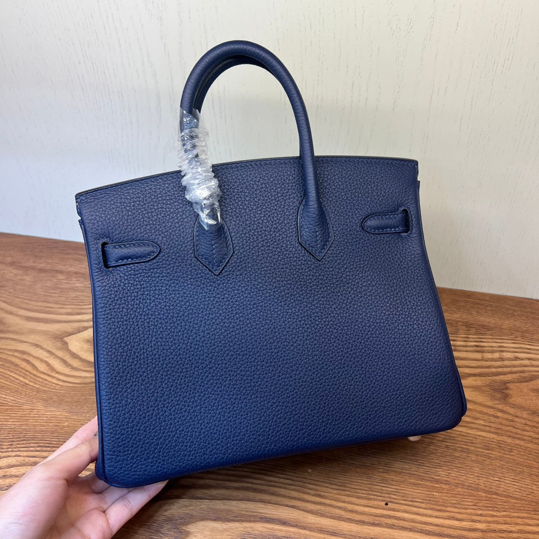 Classic Navy Blue Grained Leather Handbag with Gold-Tone Hardware - Structured Top Handle Tote
