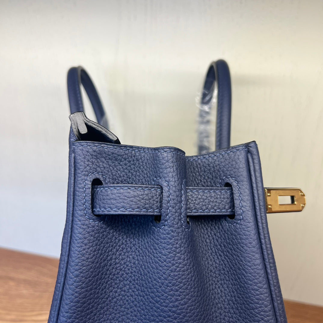 Classic Navy Blue Grained Leather Handbag with Gold-Tone Hardware - Structured Top Handle Tote