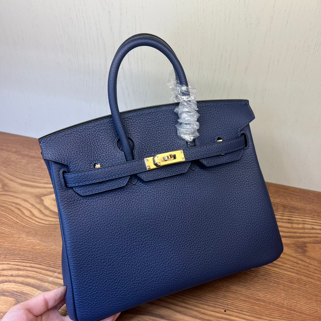 Classic Navy Blue Grained Leather Handbag with Gold-Tone Hardware - Structured Top Handle Tote