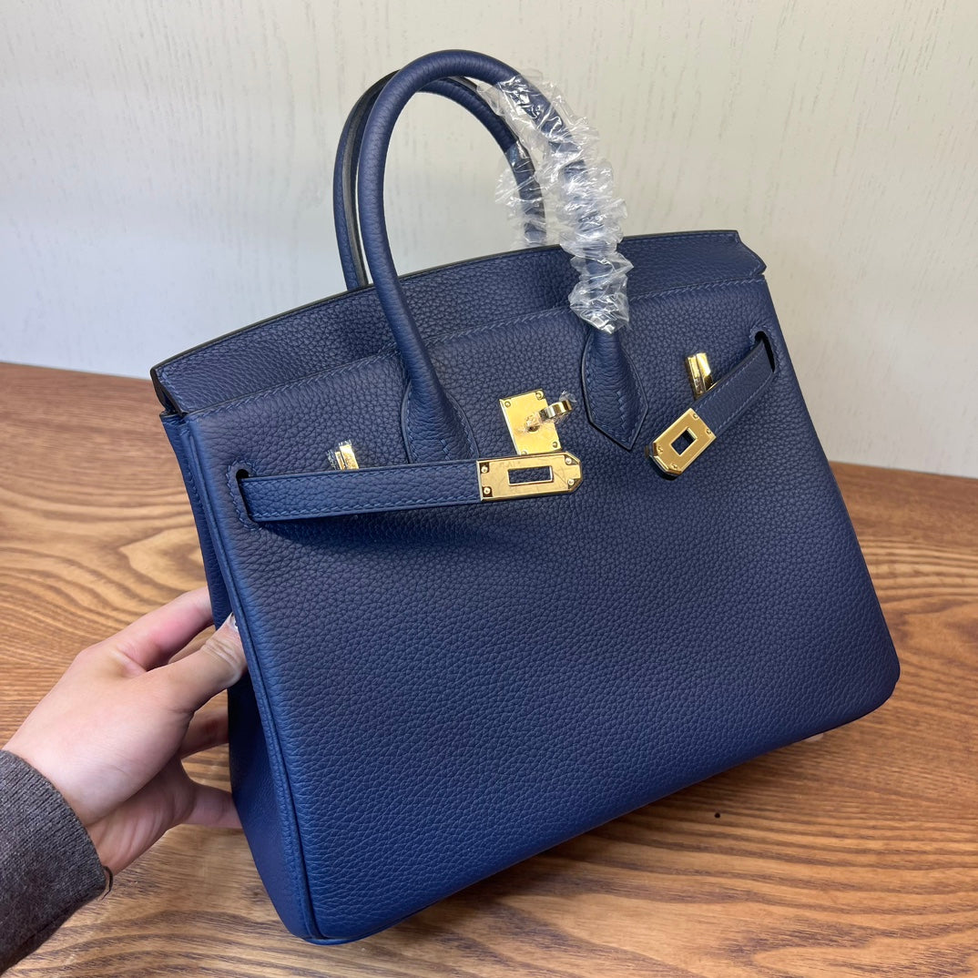 Classic Navy Blue Grained Leather Handbag with Gold-Tone Hardware - Structured Top Handle Tote