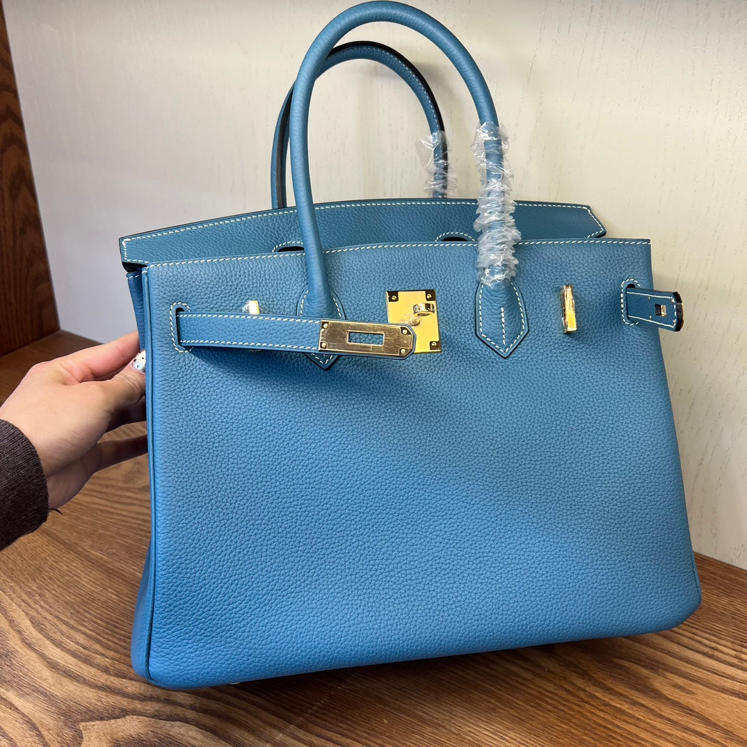 Luxury Blue Leather Handbag - Classic Top Handle Tote with Gold-Tone Hardware