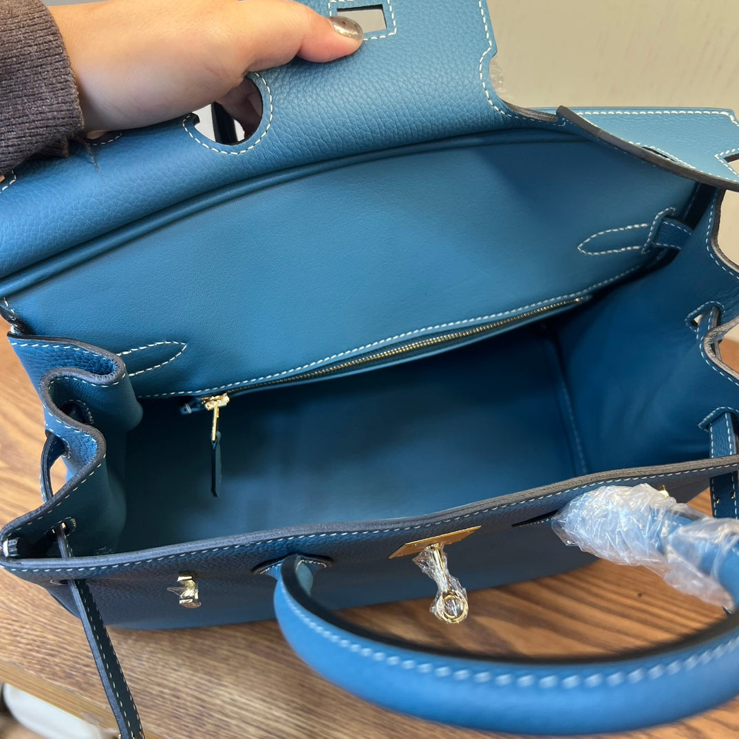 Luxury Blue Leather Handbag - Classic Top Handle Tote with Gold-Tone Hardware