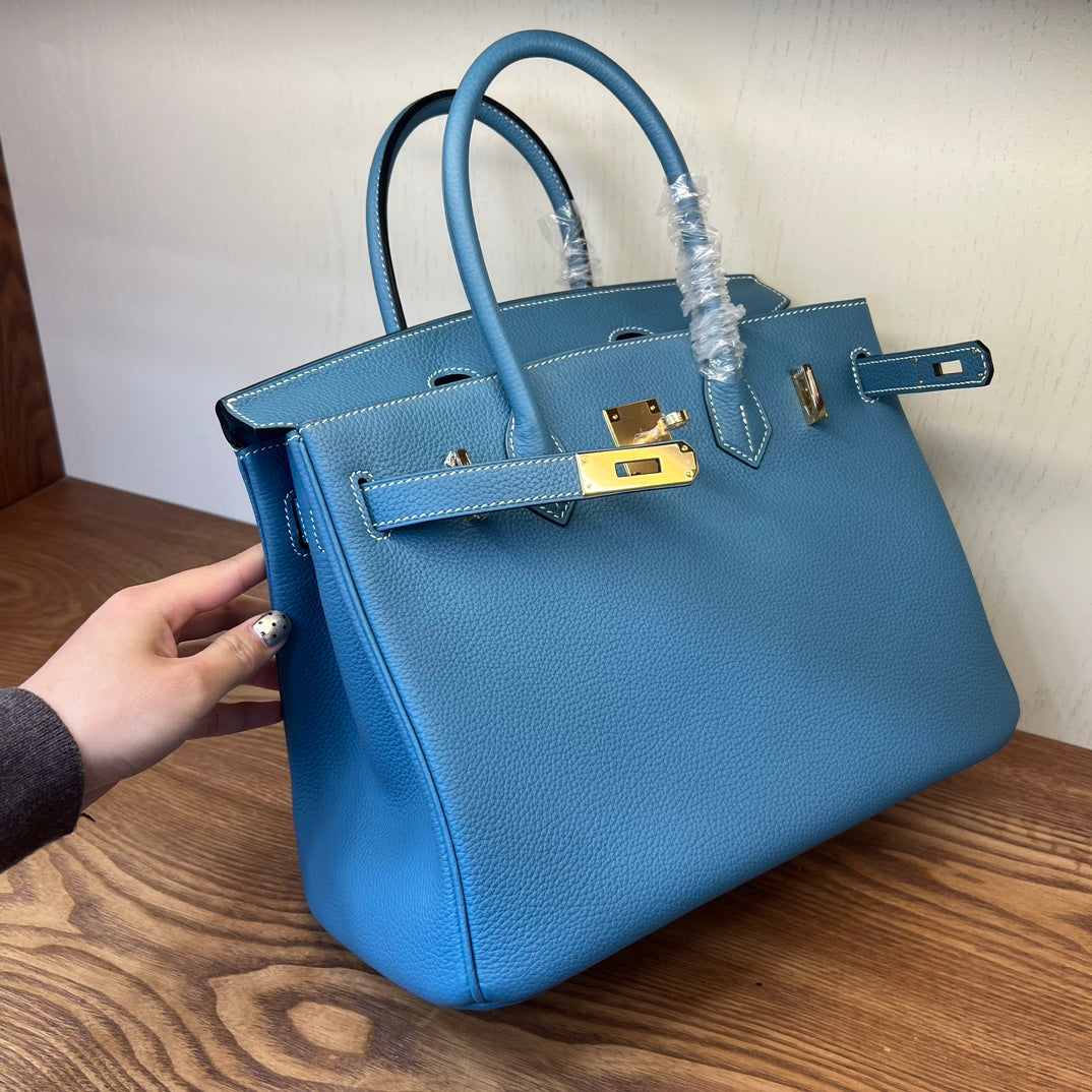 Luxury Blue Leather Handbag - Classic Top Handle Tote with Gold-Tone Hardware
