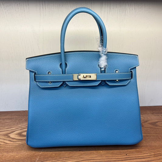 Luxury Blue Leather Handbag - Classic Top Handle Tote with Gold-Tone Hardware