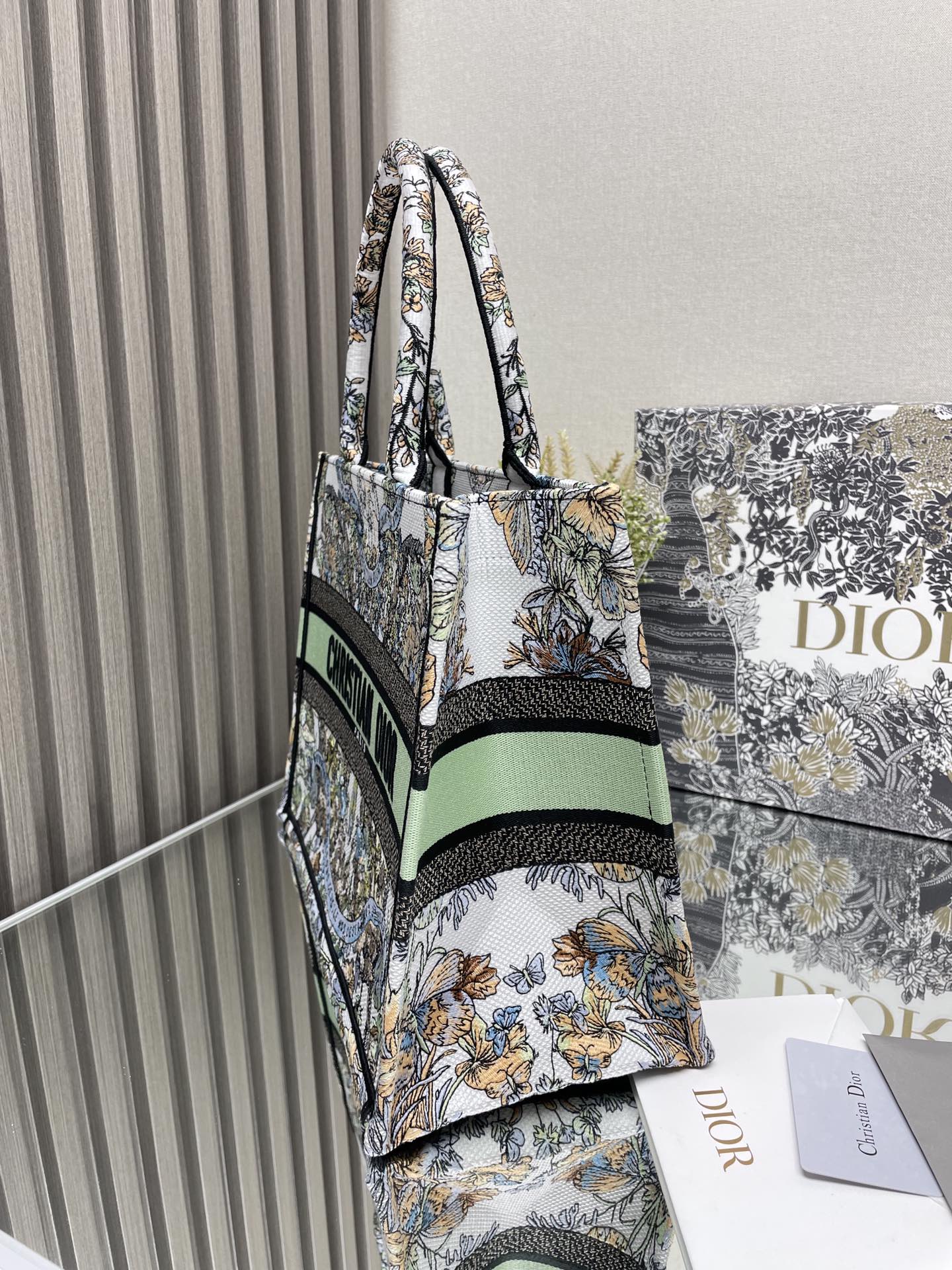 Dior Vintage Style Floral Embroidered Canvas Tote Bag with Top Handles