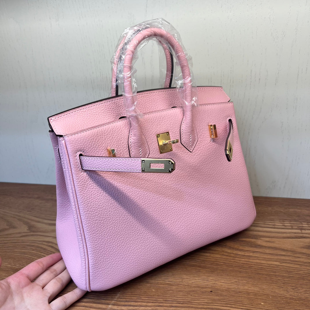 Luxury Pink Pebbled Leather Handbag - Elegant Grained Leather Tote with Protective Feet