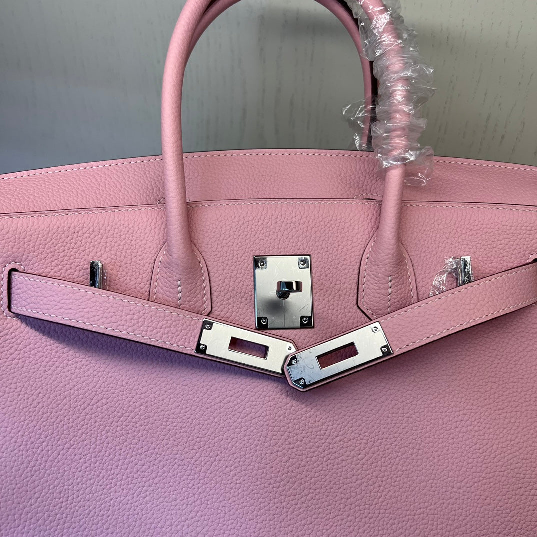 Luxury Pink Pebbled Leather Handbag - Elegant Grained Leather Tote with Protective Feet