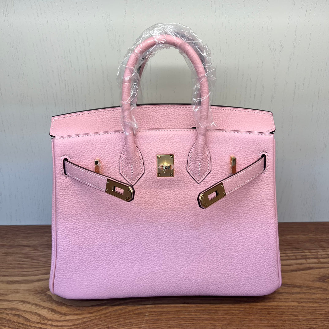 Luxury Pink Pebbled Leather Handbag - Elegant Grained Leather Tote with Protective Feet