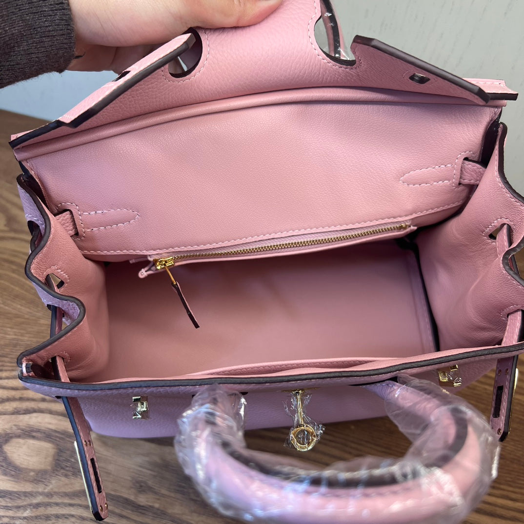 Luxury Pink Pebbled Leather Handbag - Elegant Grained Leather Tote with Protective Feet