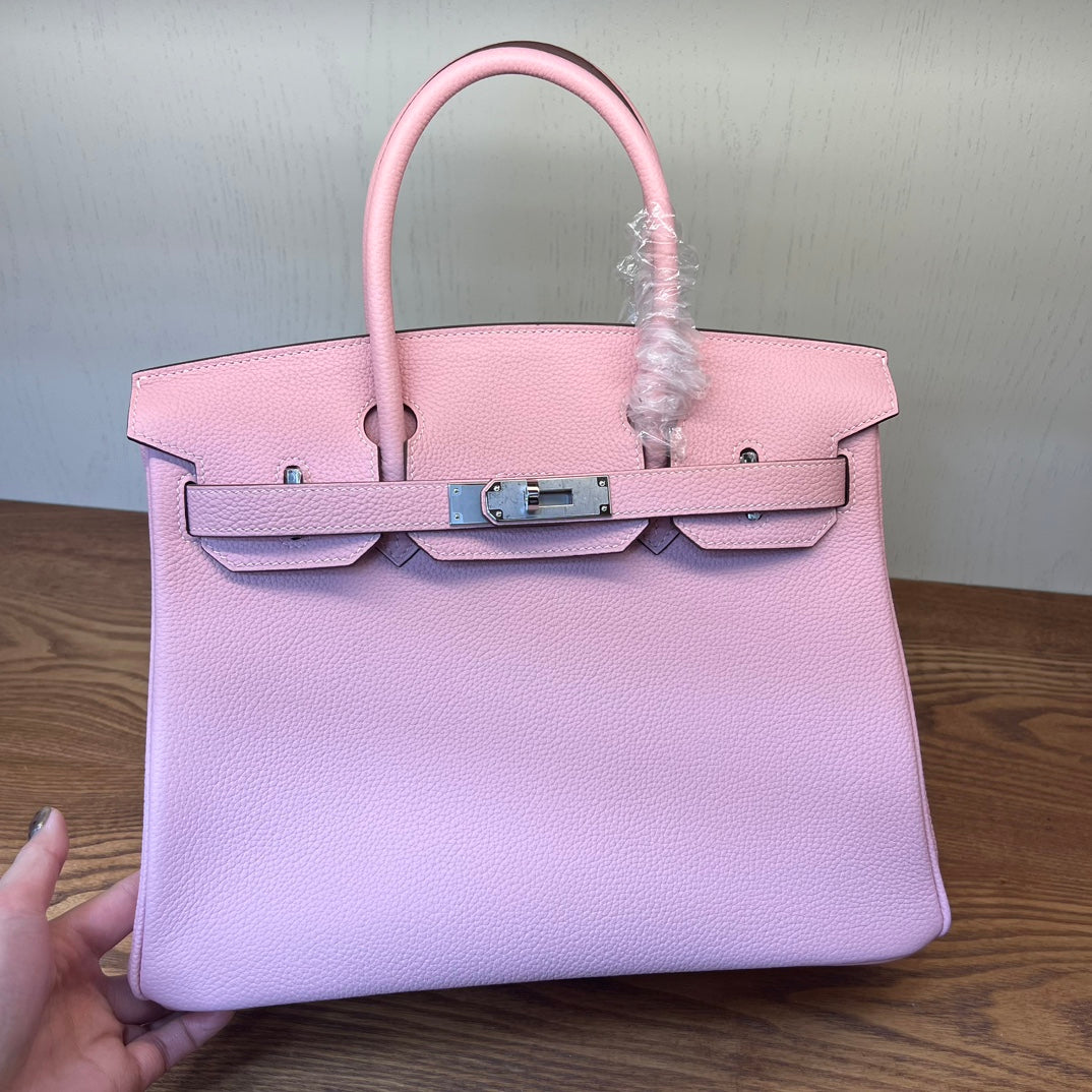 Luxury Pink Pebbled Leather Handbag - Elegant Grained Leather Tote with Protective Feet