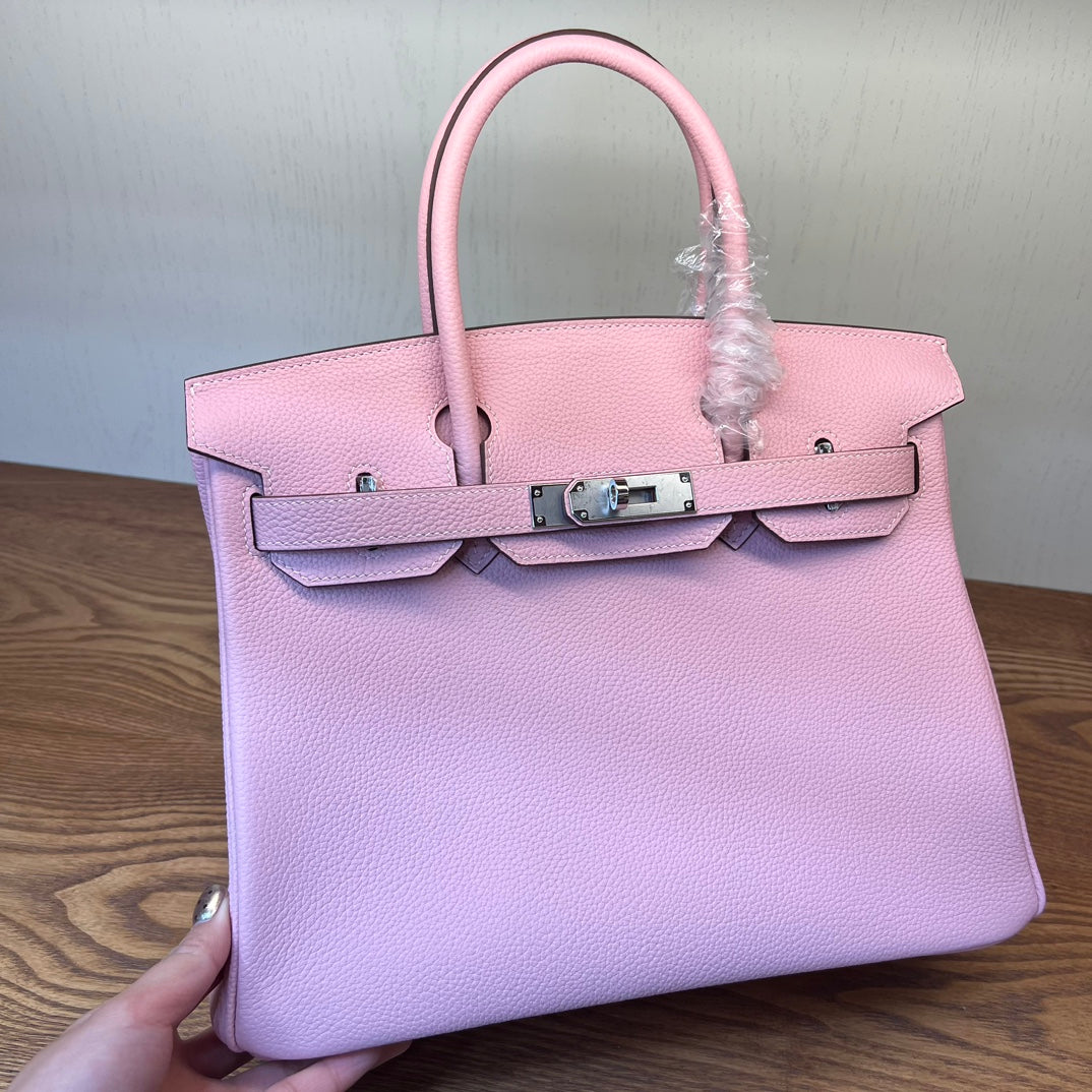 Luxury Pink Pebbled Leather Handbag - Elegant Grained Leather Tote with Protective Feet