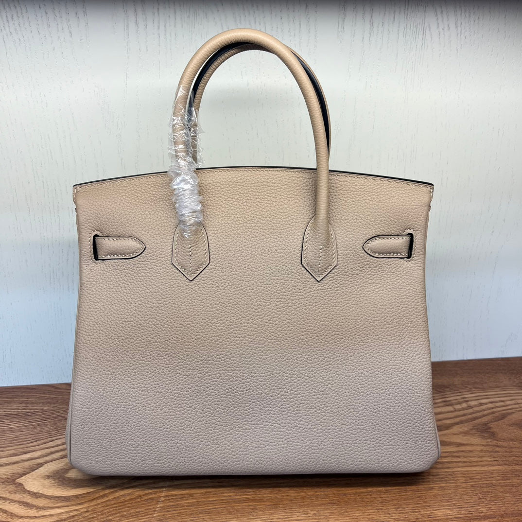 Luxury Pebbled Leather Top Handle Handbag - Elegant Taupe Birkin Style Tote