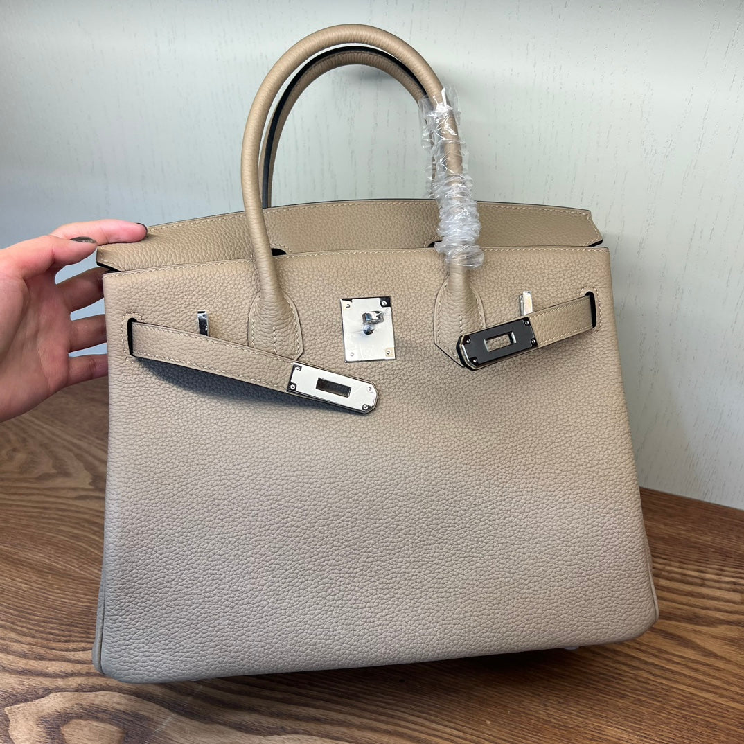 Luxury Pebbled Leather Top Handle Handbag - Elegant Taupe Birkin Style Tote