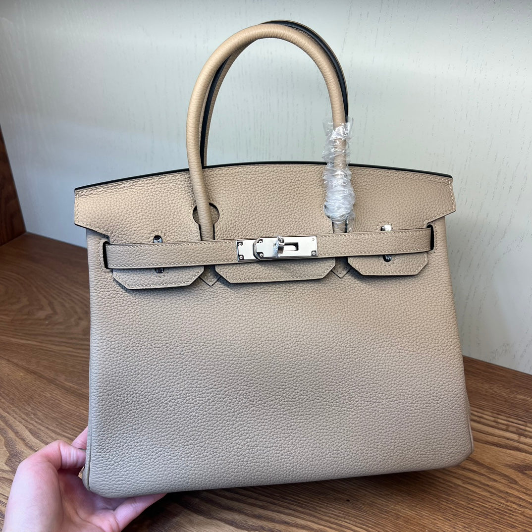 Luxury Pebbled Leather Top Handle Handbag - Elegant Taupe Birkin Style Tote