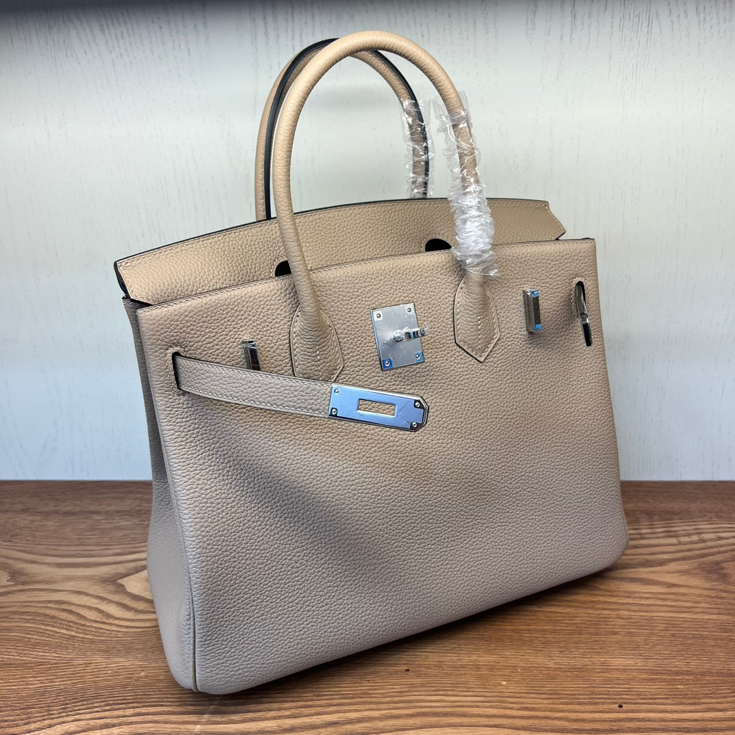 Luxury Pebbled Leather Top Handle Handbag - Elegant Taupe Birkin Style Tote
