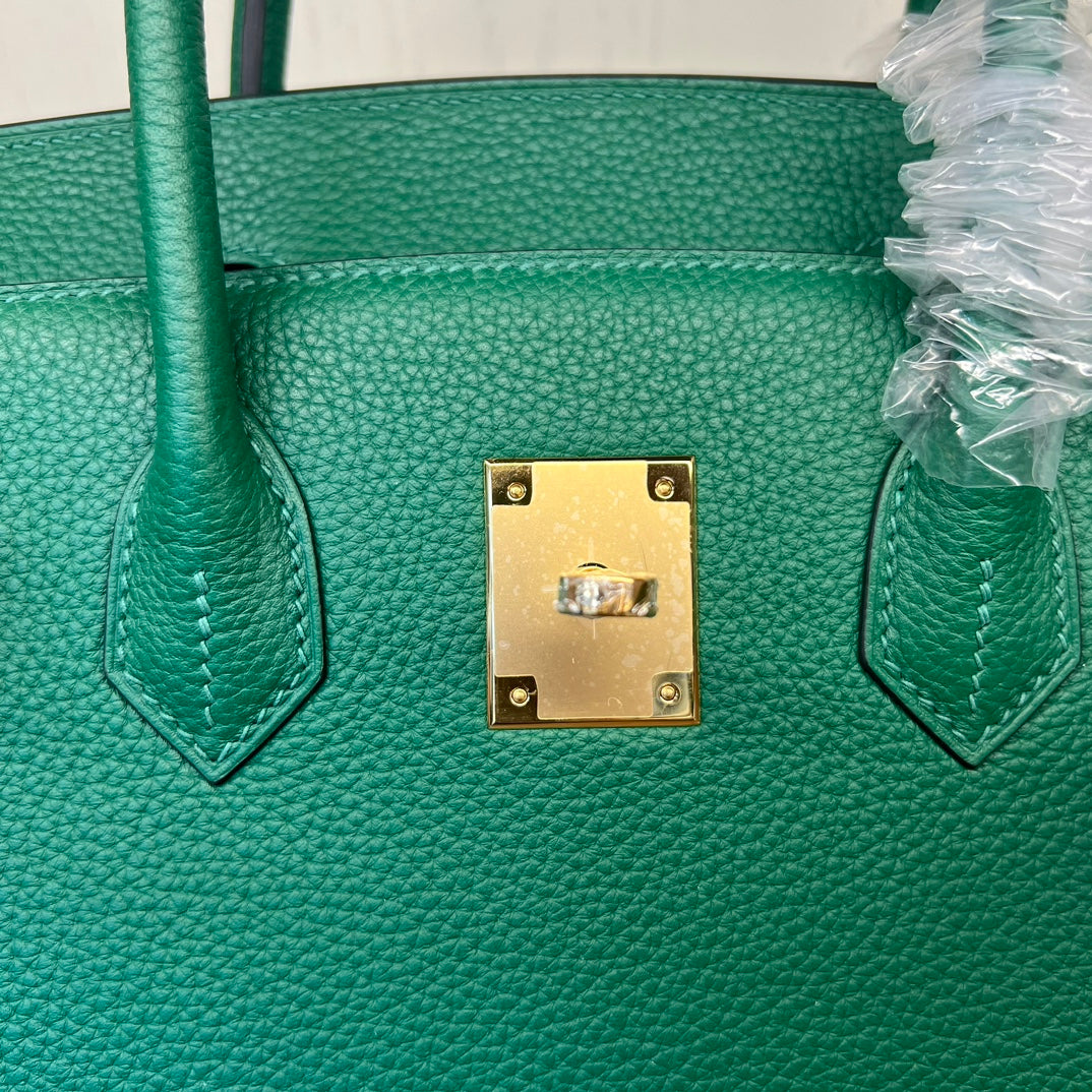 Emerald Green Textured Leather Top Handle Handbag - Elegant Birkin Style Tote