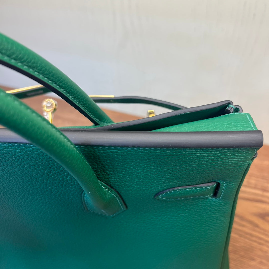 Emerald Green Textured Leather Top Handle Handbag - Elegant Birkin Style Tote