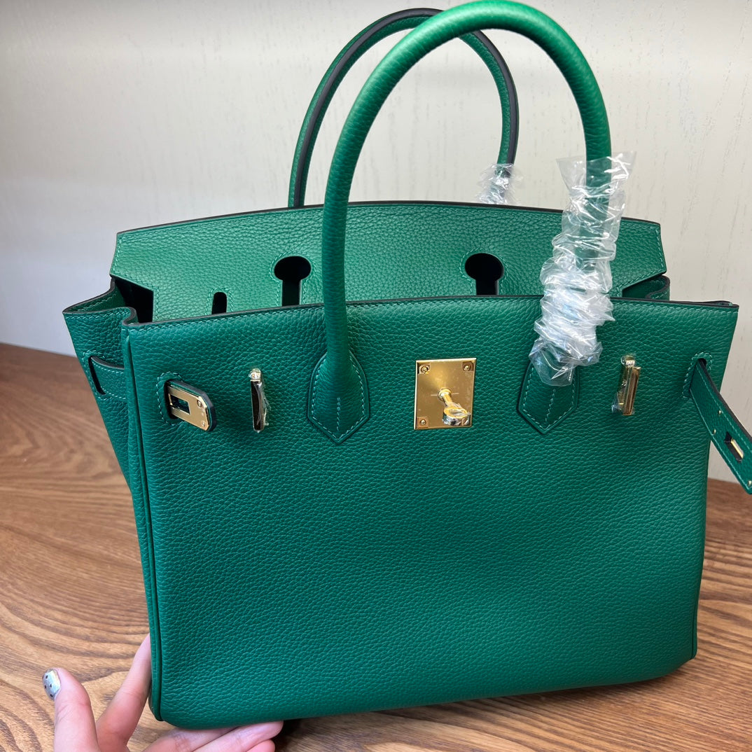Emerald Green Textured Leather Top Handle Handbag - Elegant Birkin Style Tote