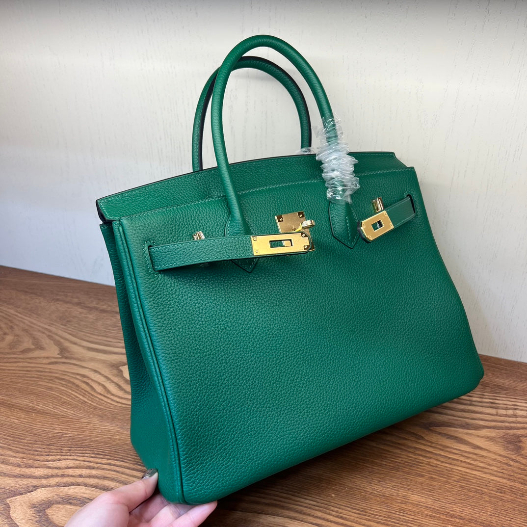 Emerald Green Textured Leather Top Handle Handbag - Elegant Birkin Style Tote