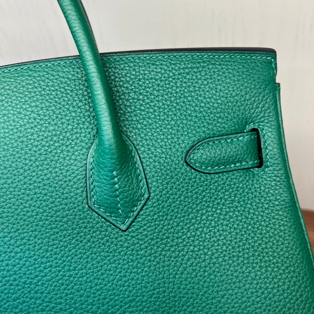 Emerald Green Textured Leather Top Handle Handbag - Elegant Birkin Style Tote