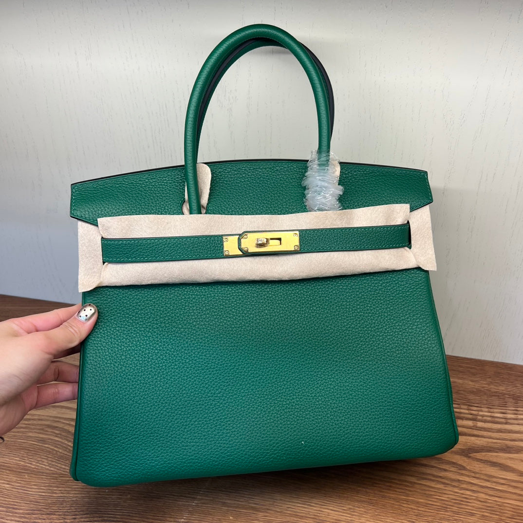Emerald Green Textured Leather Top Handle Handbag - Elegant Birkin Style Tote