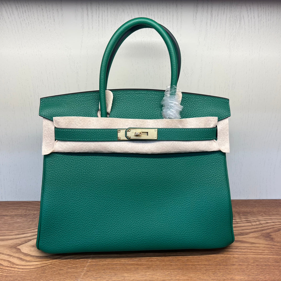 Emerald Green Textured Leather Top Handle Handbag - Elegant Birkin Style Tote