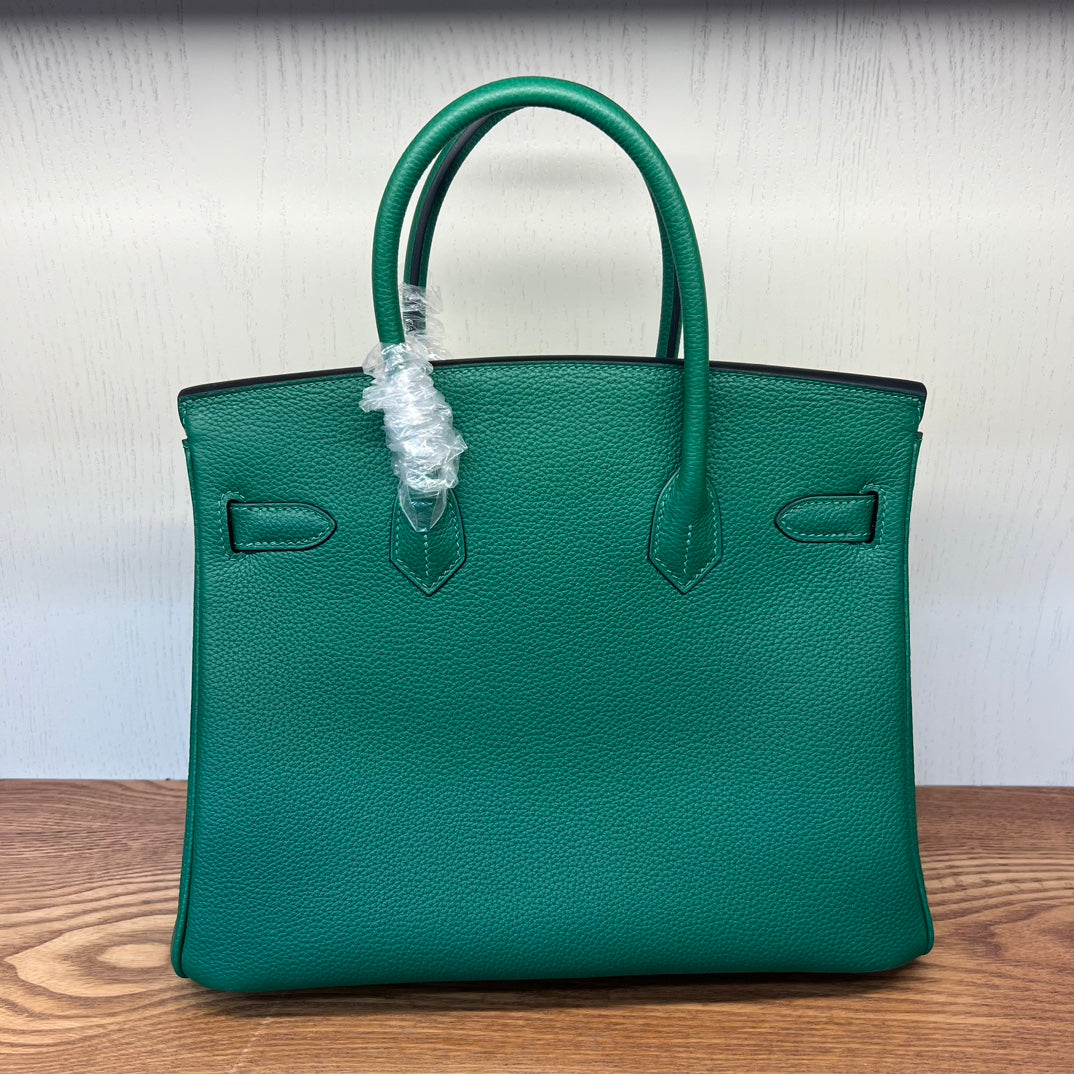 Emerald Green Textured Leather Top Handle Handbag - Elegant Birkin Style Tote