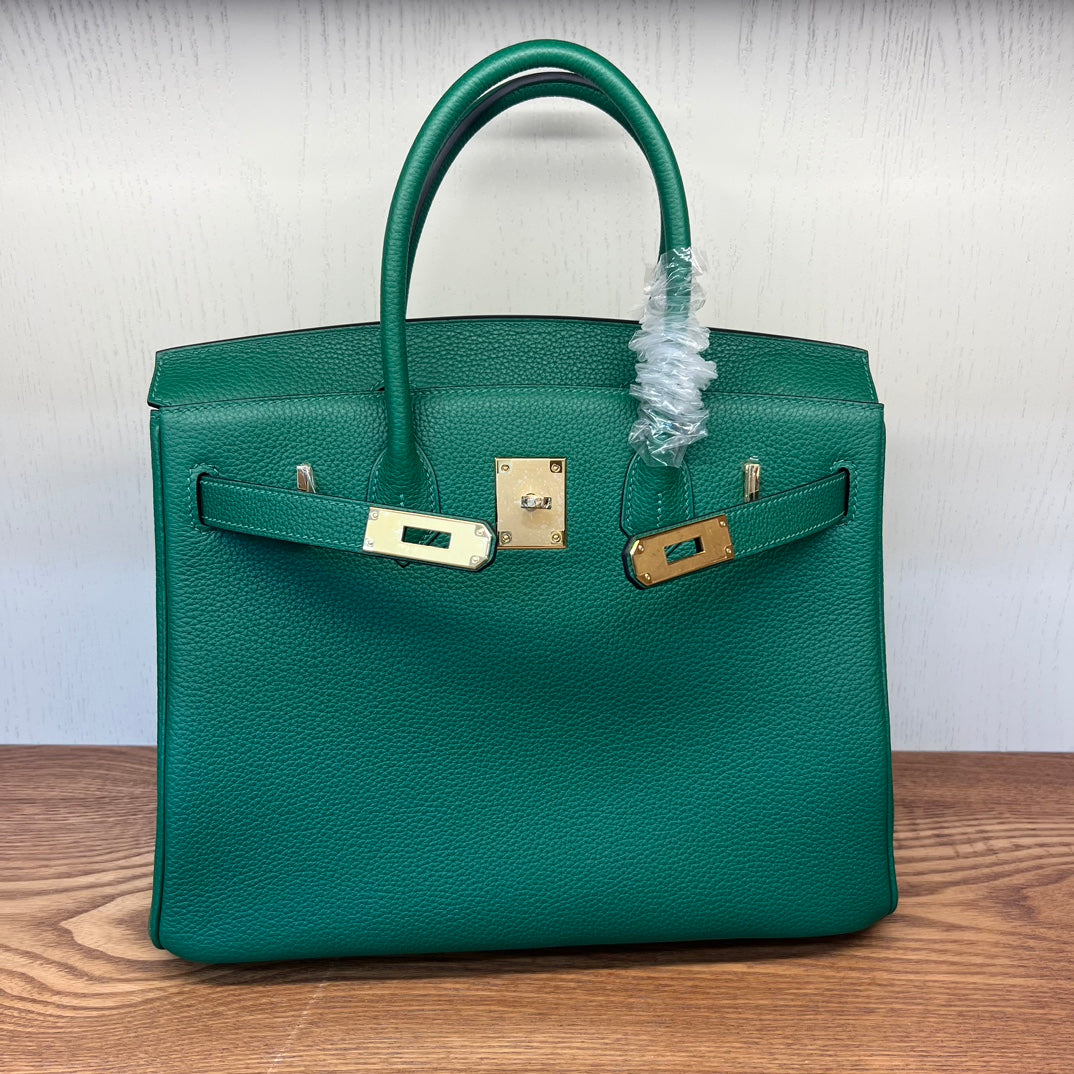 Emerald Green Textured Leather Top Handle Handbag - Elegant Birkin Style Tote