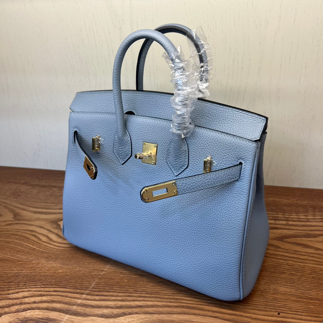 Elegant Light Blue Leather Satchel Handbag - Classic Top Handle Bag with Gold-Tone Hardware