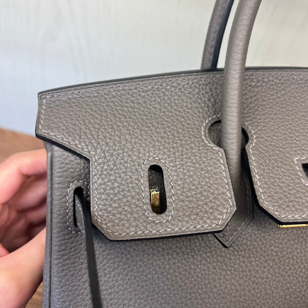 Luxury Togo Leather Handbag Birkin Style with Gold Hardware - Etoupe
