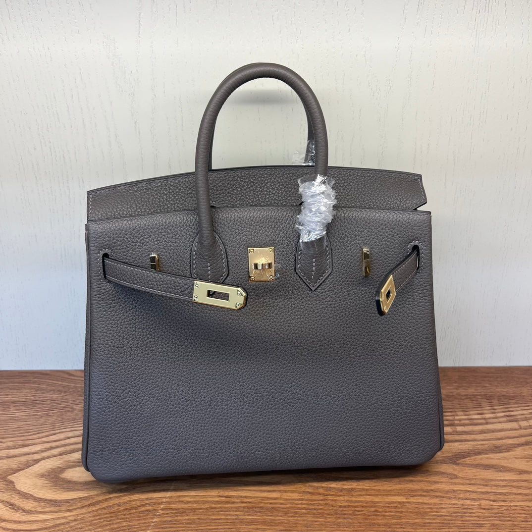 Luxury Togo Leather Handbag Birkin Style with Gold Hardware - Etoupe