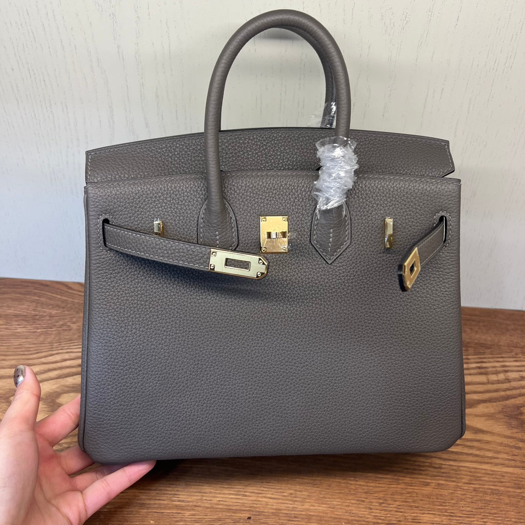 Luxury Togo Leather Handbag Birkin Style with Gold Hardware - Etoupe