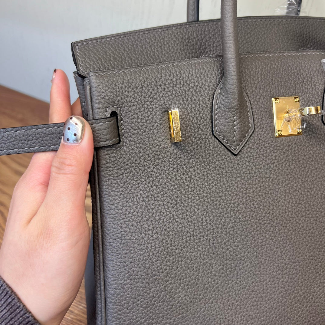 Luxury Togo Leather Handbag Birkin Style with Gold Hardware - Etoupe