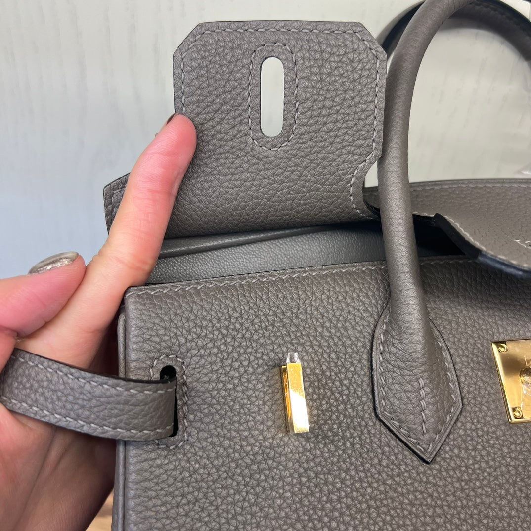 Luxury Togo Leather Handbag Birkin Style with Gold Hardware - Etoupe
