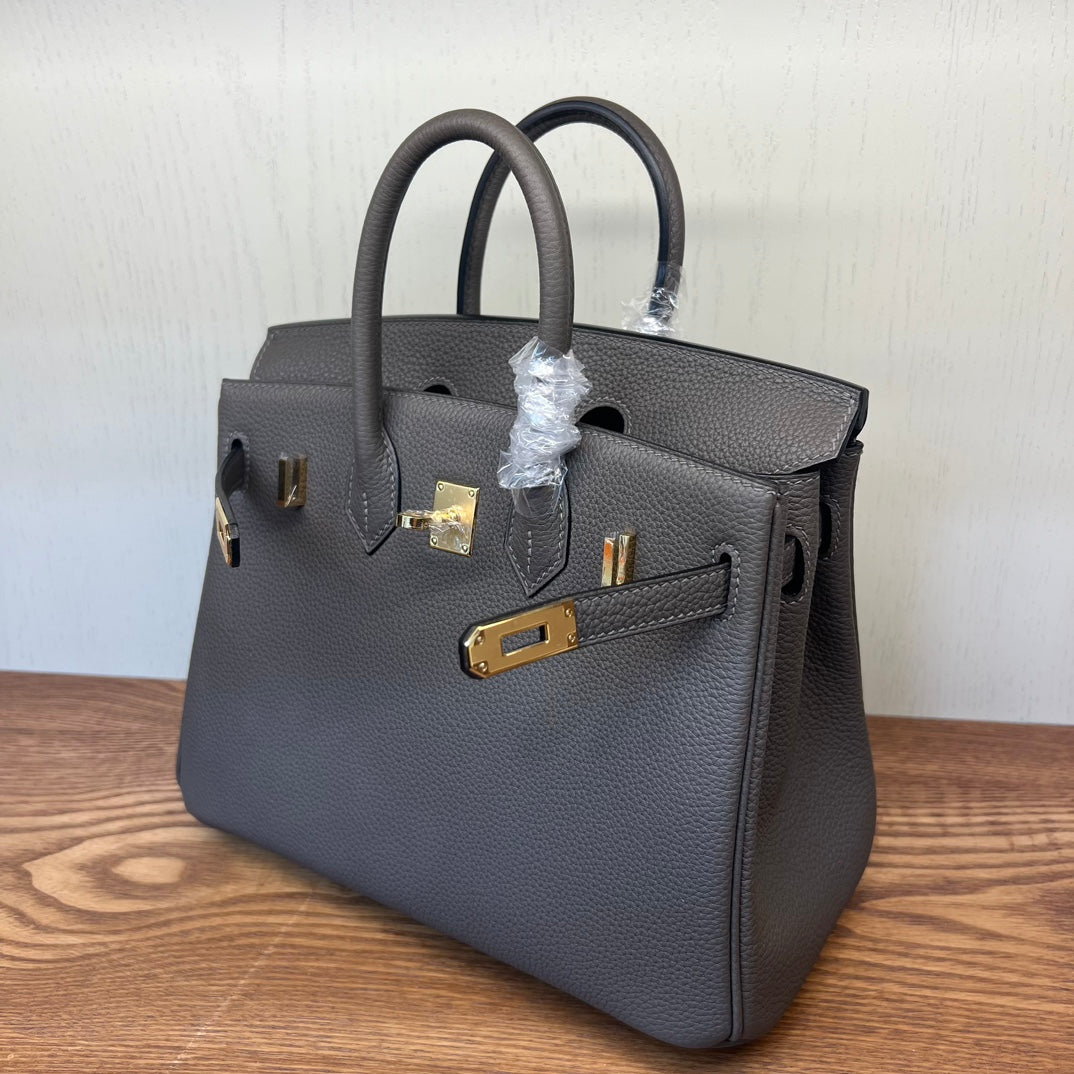 Luxury Togo Leather Handbag Birkin Style with Gold Hardware - Etoupe