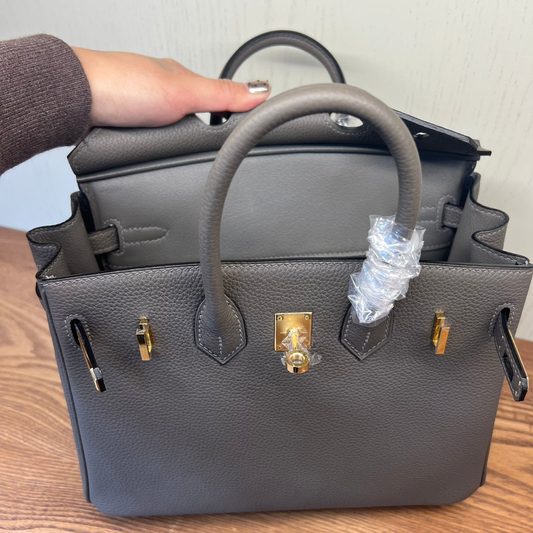 Luxury Togo Leather Handbag Birkin Style with Gold Hardware - Etoupe