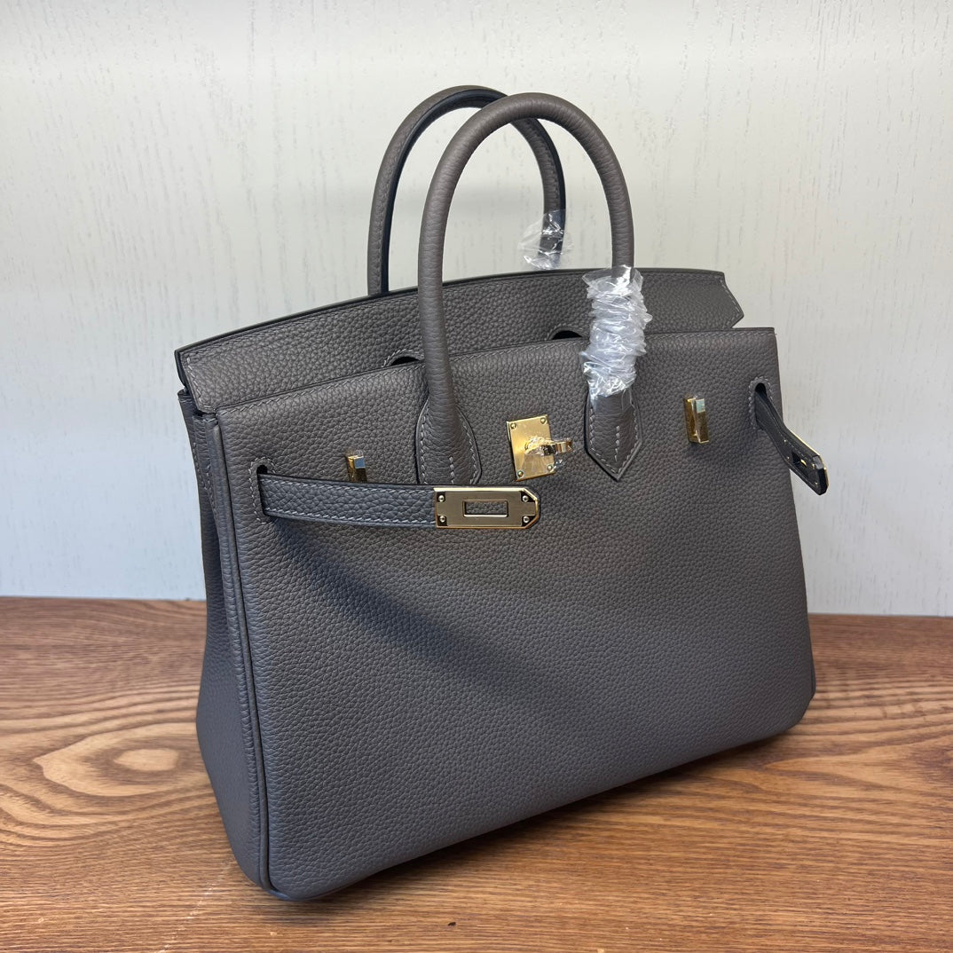 Luxury Togo Leather Handbag Birkin Style with Gold Hardware - Etoupe