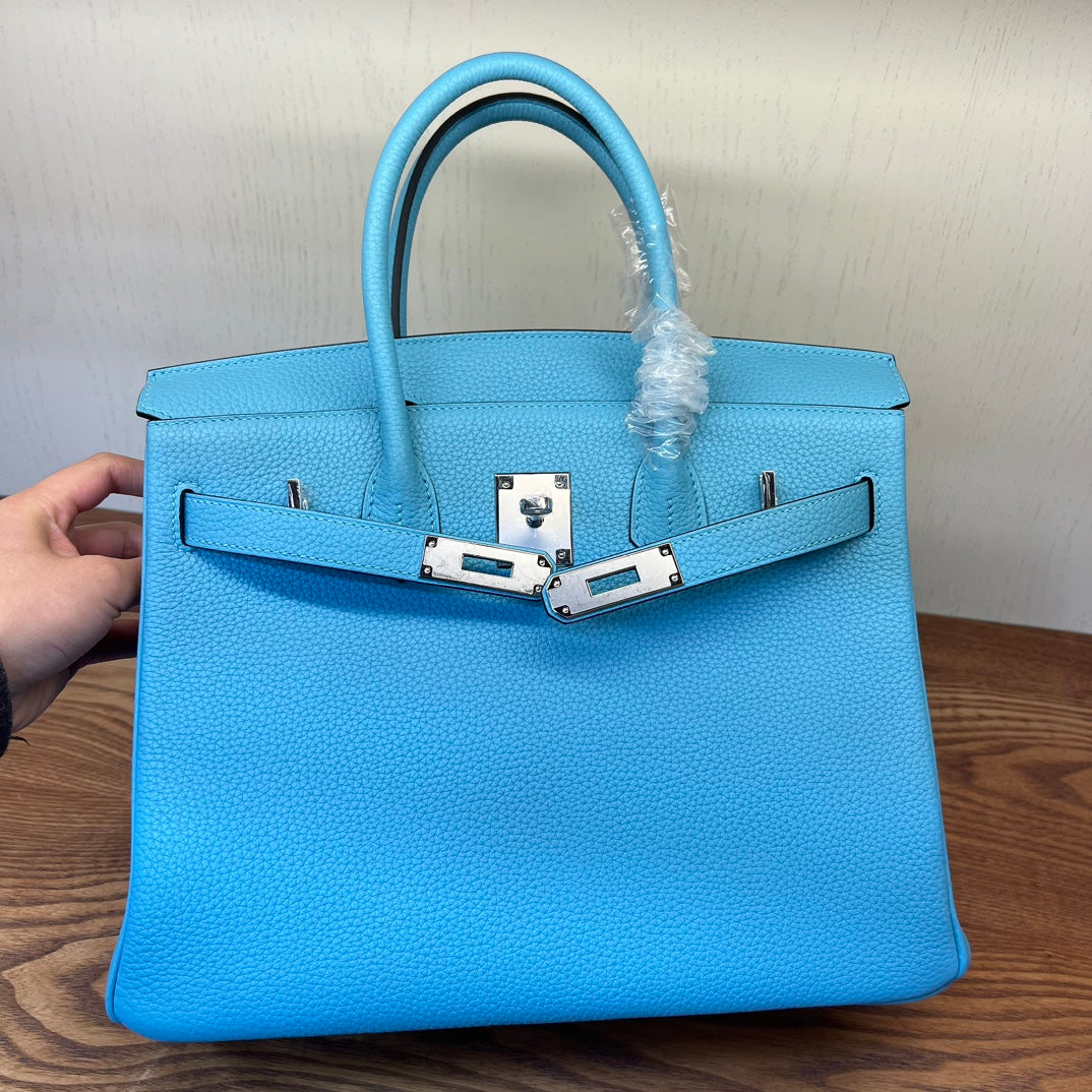 Bright Blue Textured Leather Top Handle Satchel Bag