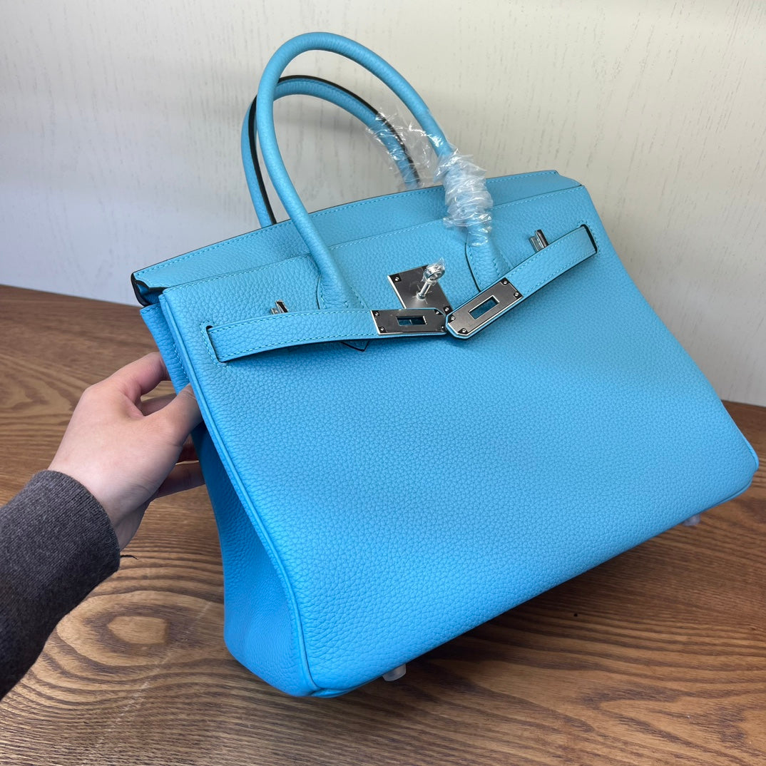 Bright Blue Textured Leather Top Handle Satchel Bag