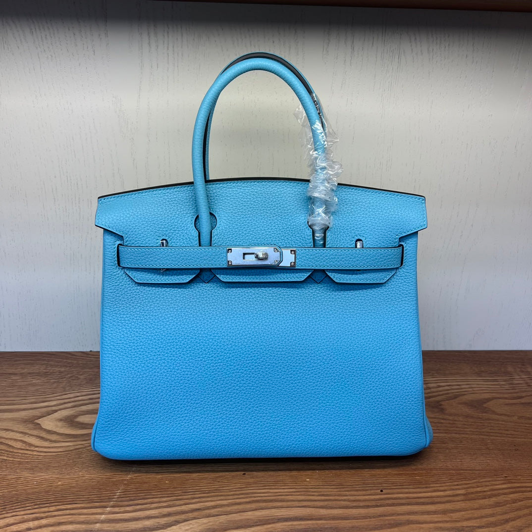 Bright Blue Textured Leather Top Handle Satchel Bag