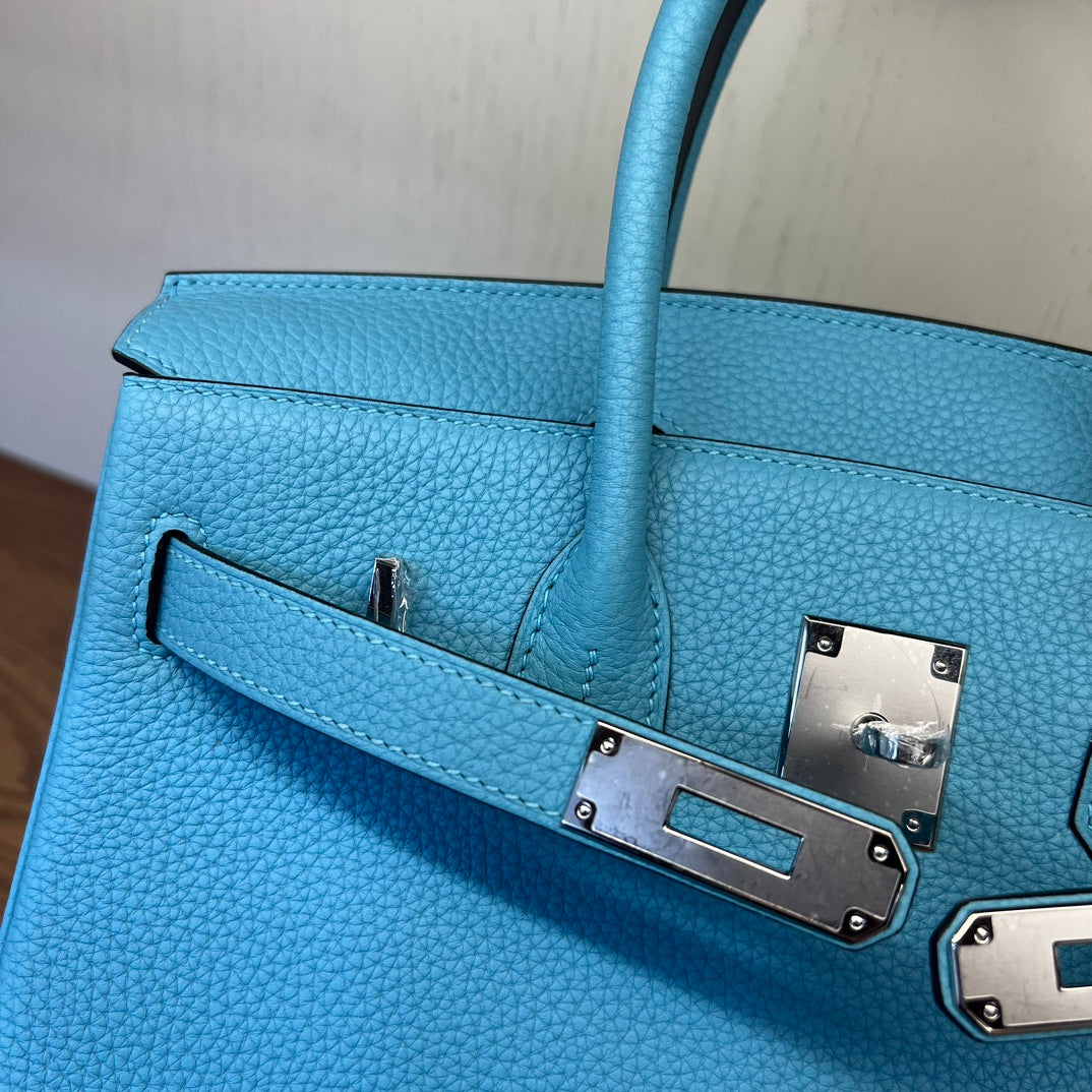 Bright Blue Textured Leather Top Handle Satchel Bag