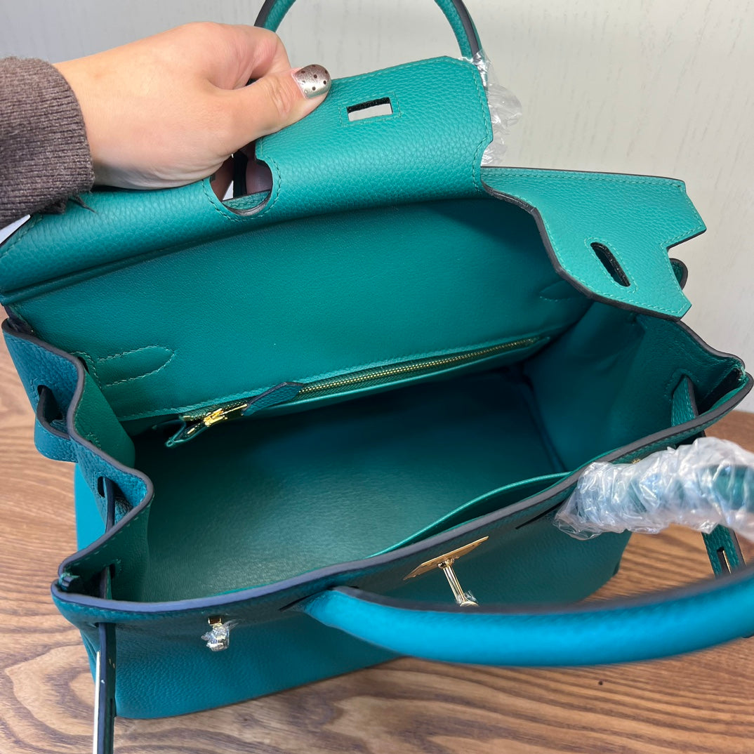 Teal Textured Leather Birkin-Style Handbag with Gold-Tone Hardware